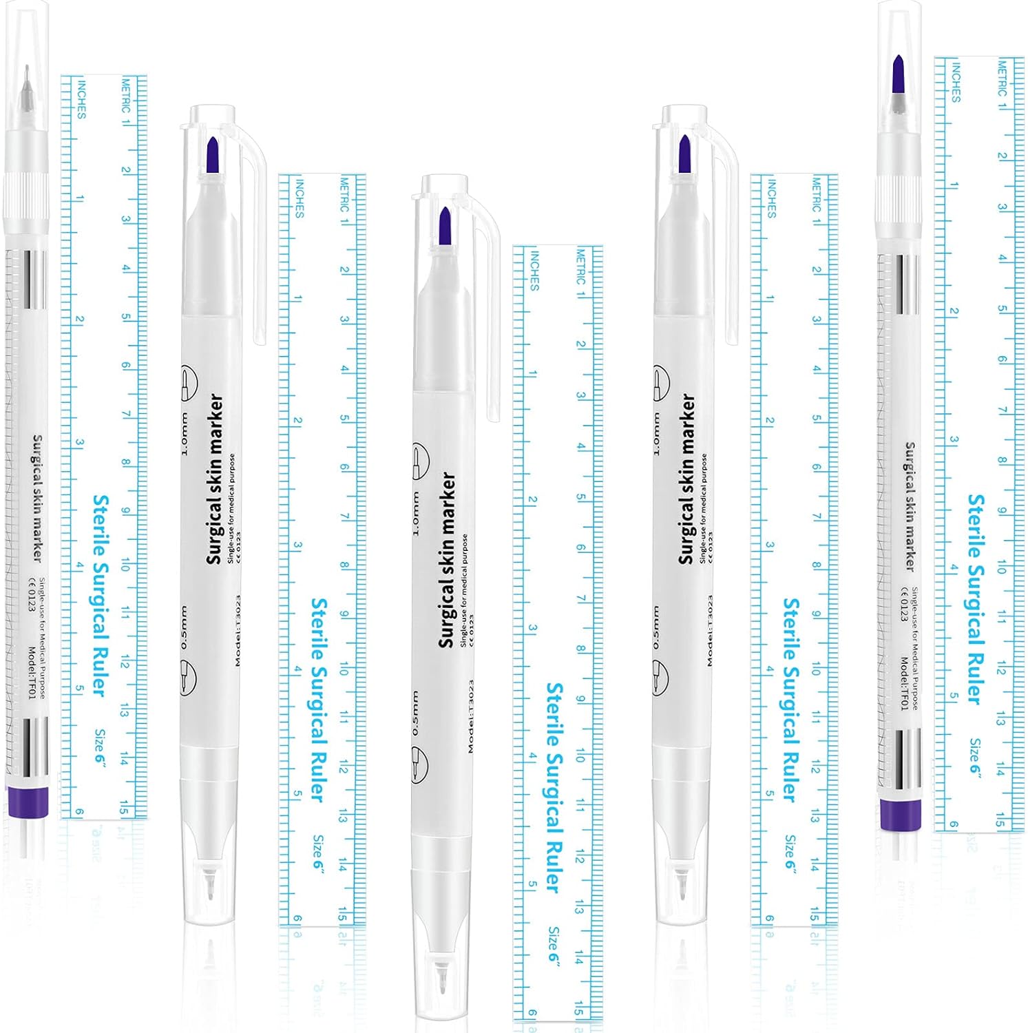 5 Pieces Tattoo Tip Skin Marker Pens with Paper Ruler