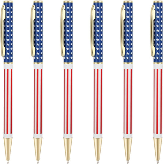 6pcs Slim Metal Retractable Ballpoint Pens,Silver Gold Patriotic American Flag
