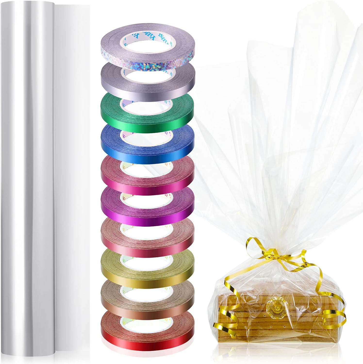 31.5 Inch x 100 Ft Gift Cellophane Wrap Roll with Colorful Curling Ribbon