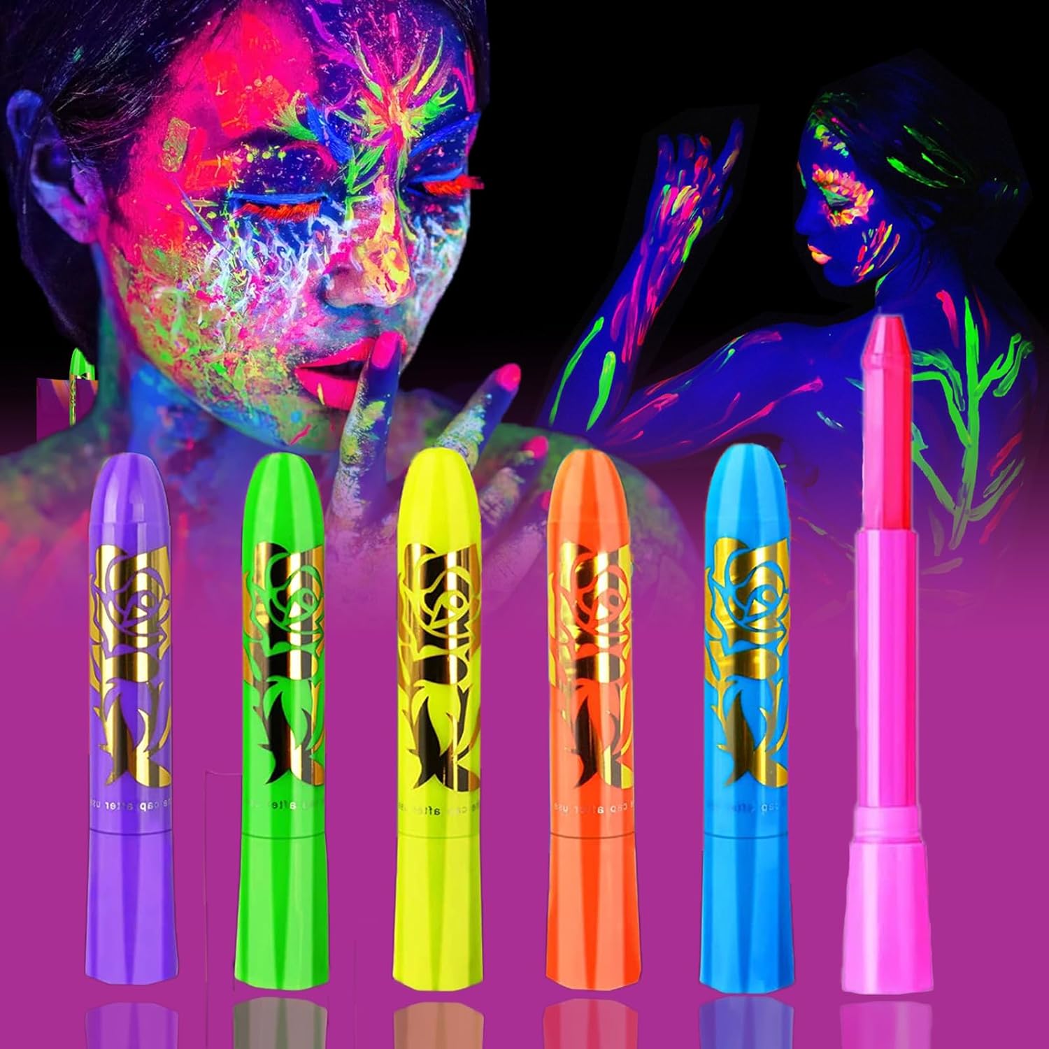 6 Color Glow in The Black Light UV Face Paint Crayon Markers for Kids