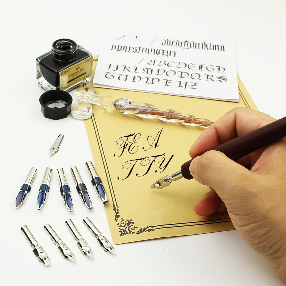 15-Piece Calligraphy Pen Set -Glass Wooden Pen - 11 Nibs & 1 Ink