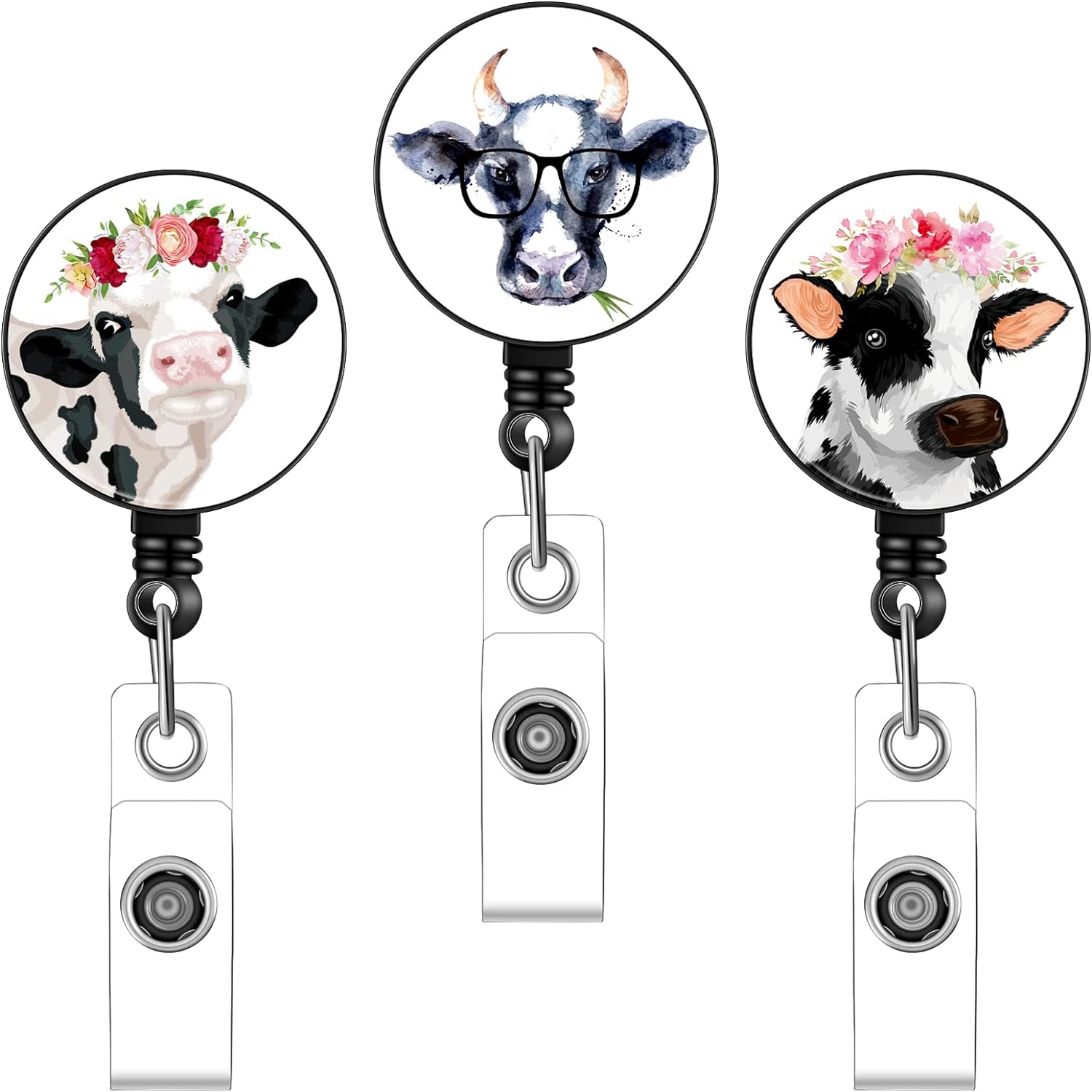 3Pcs Cow Retractable Badge Reel Holder for Nurse Doctor Teacher Student