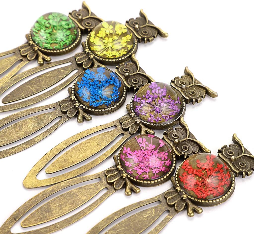 6 Metal Bookmark Clips Vintage Owl Bookmark Ruler with Dried Flower