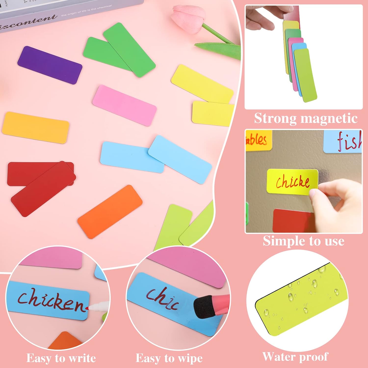 72Pcs Dry Erase Magnetic Labels,3.2 x 1.2" for Whiteboard,Refrigerator (9 Colors)