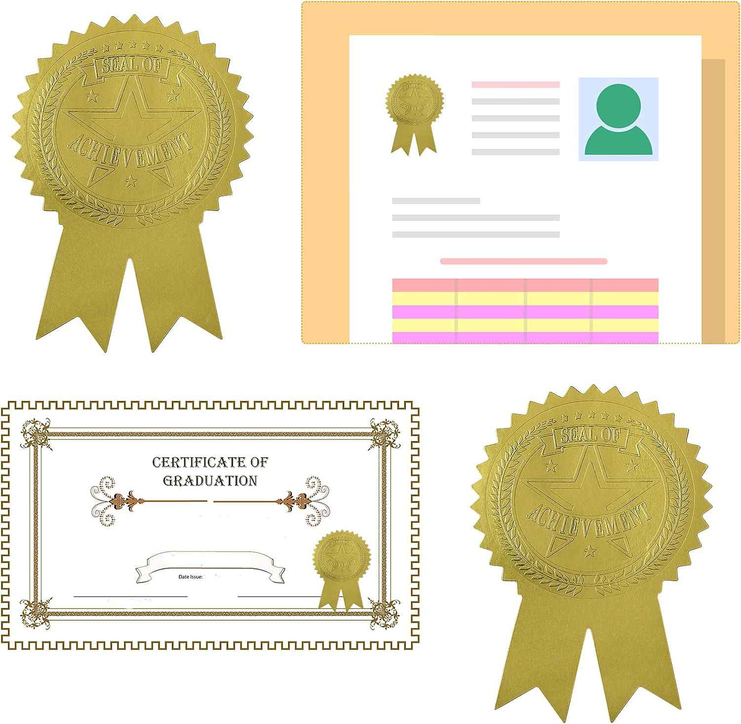 200Pcs Ribbon Embossed Seal and Gold Foil Certificate Stickers