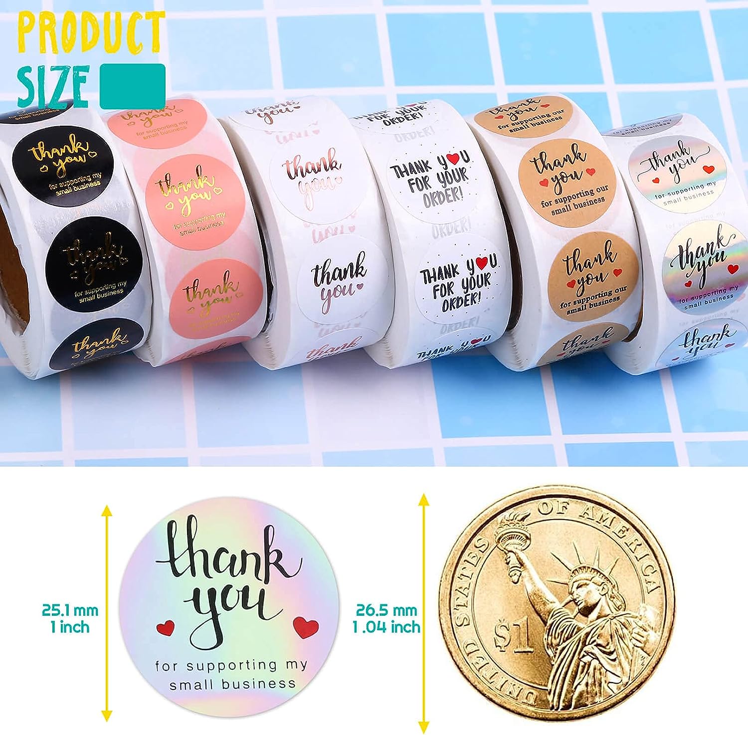 3000Pcs 1inch 6Rolls Thank You for Supporting My Small Business Stickers