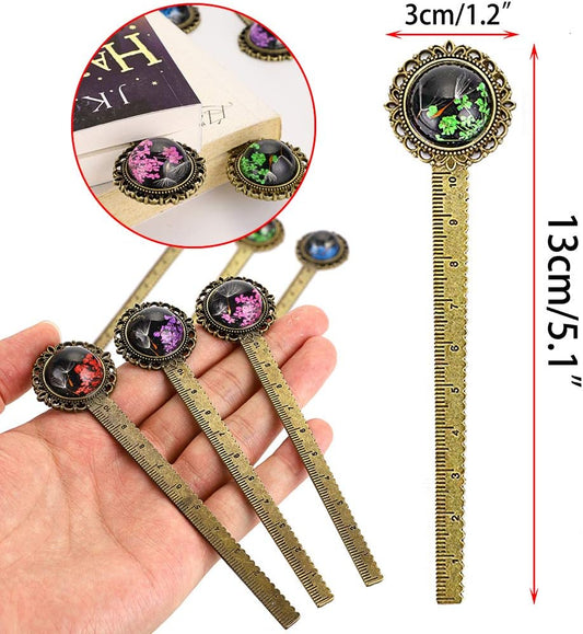 6PCS Retro Metal Bookmark Ruler Bronze Book Mark with Dried Flower