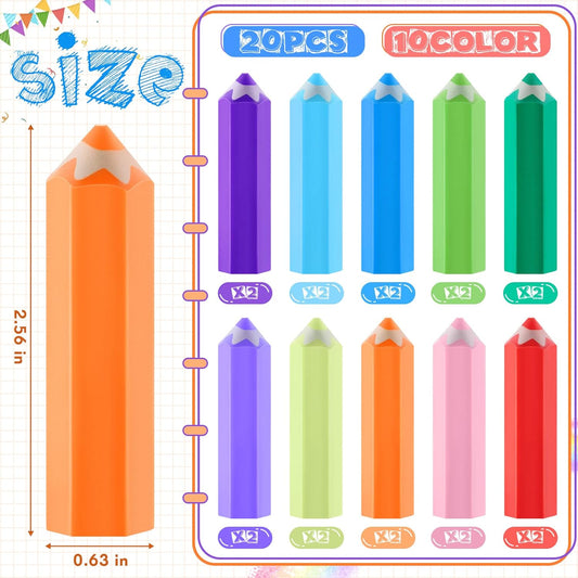 20Pcs Kids Pencil Shaped Erasers 10 Neon Colors