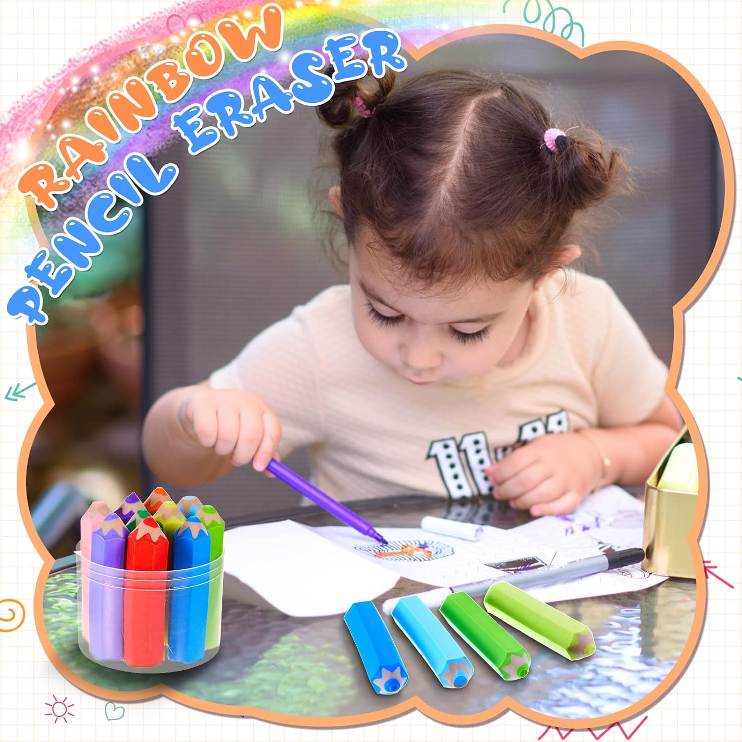 20Pcs Kids Pencil Shaped Erasers 10 Neon Colors
