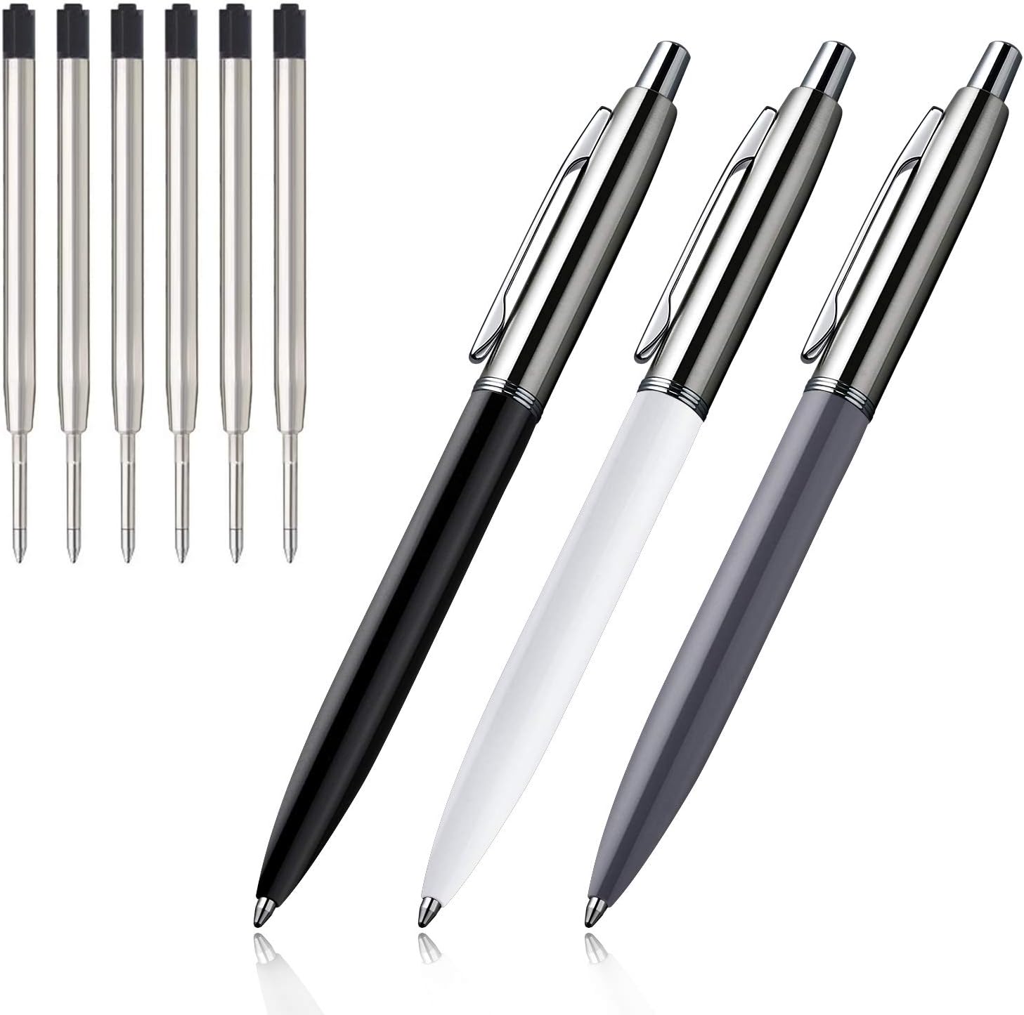 3Pcs Retractable Stainess Steel Metal Ballpoint Pens,6 Replaceable Refills