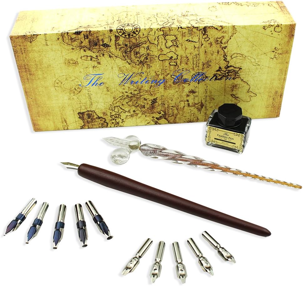 15-Piece Calligraphy Pen Set -Glass Wooden Pen - 11 Nibs & 1 Ink