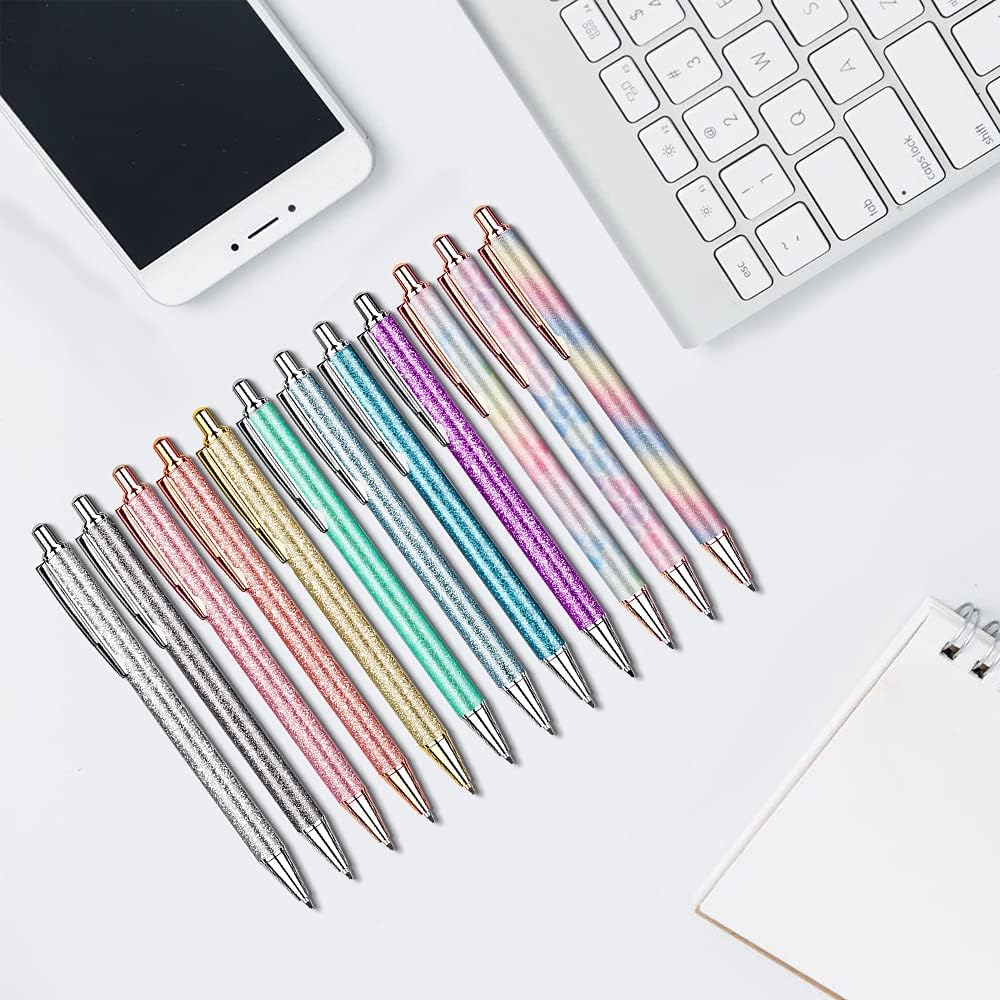 12 Pcs Glitter Ballpoint Pens,Metal Retractable Journaling Pens - TTpen