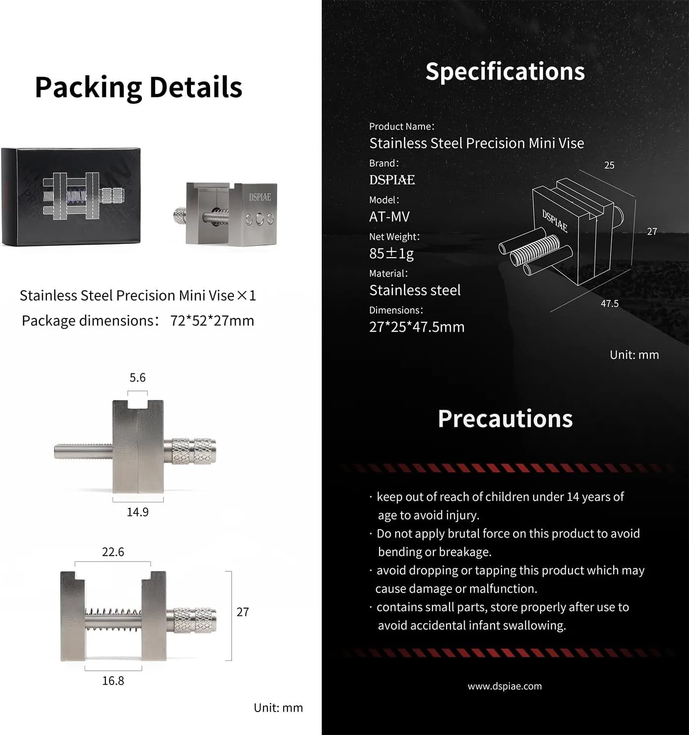 DSPIAE Stainless Steel Precision Mini Vise Grip Width 0.88inch - 0.22inch (AT-MV)