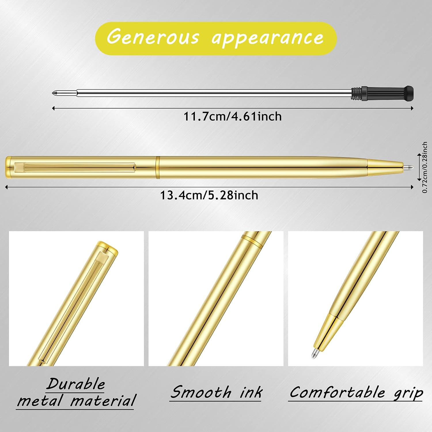 Gold Slim Metal Retractable Ballpoint Pens Black Ink 1mm 15 Pack