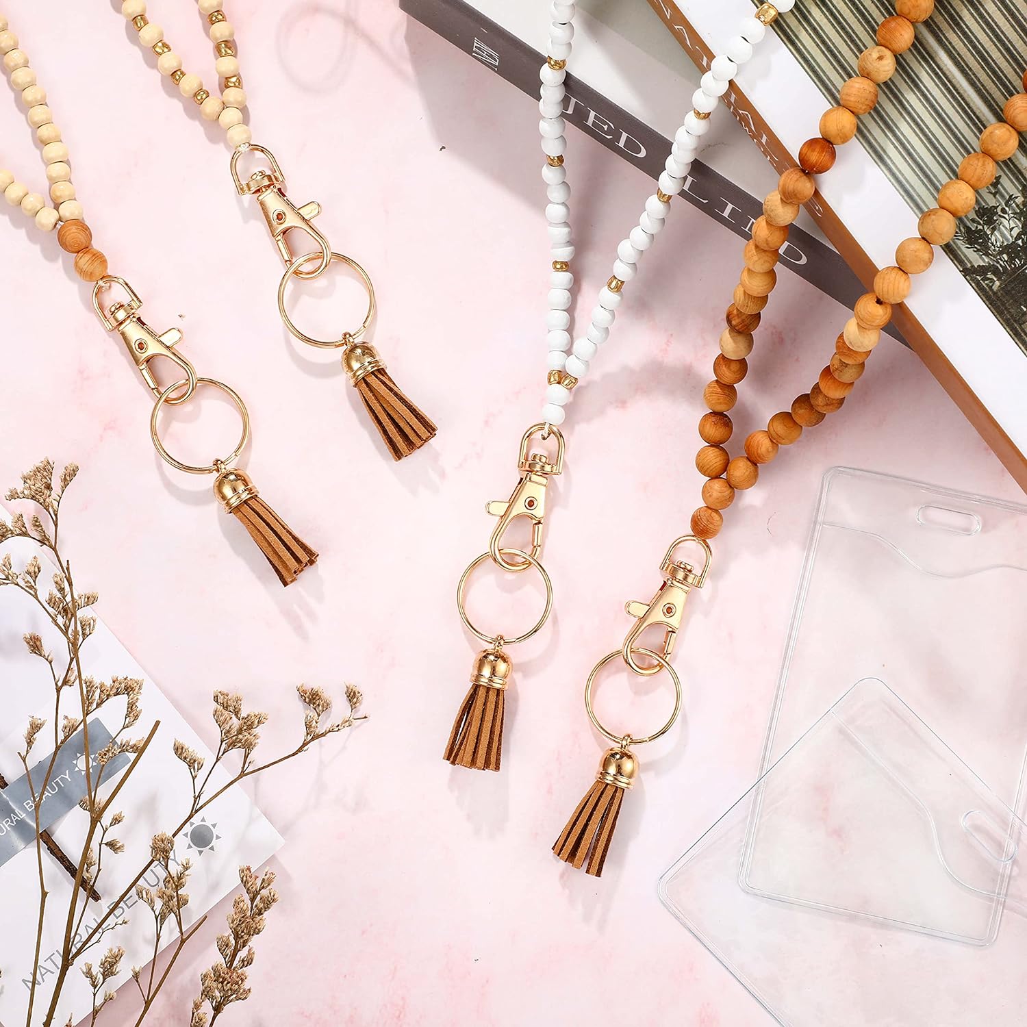 12 Pieces Wood Beaded Lanyards and Card Holder Set