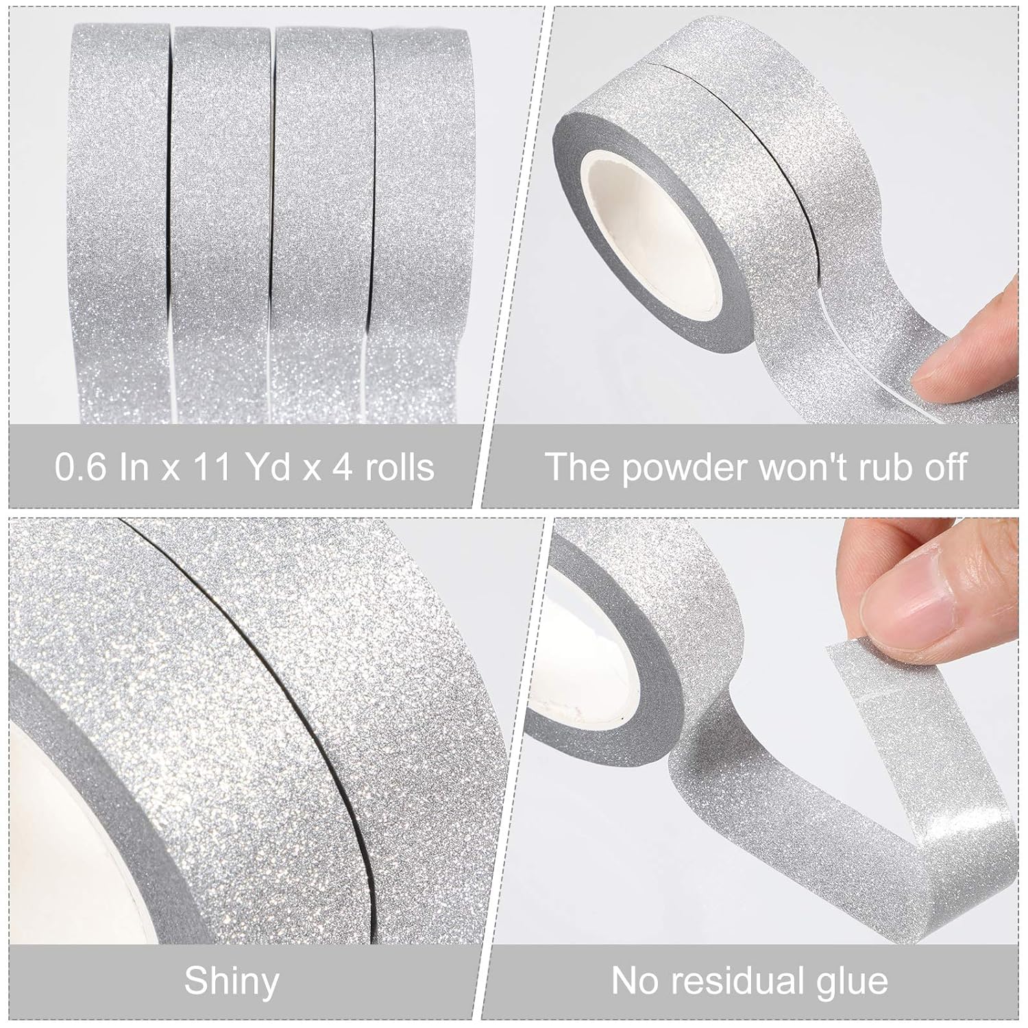 4 Rolls Silver Washi Tape Crafting Glitter Masking Tape