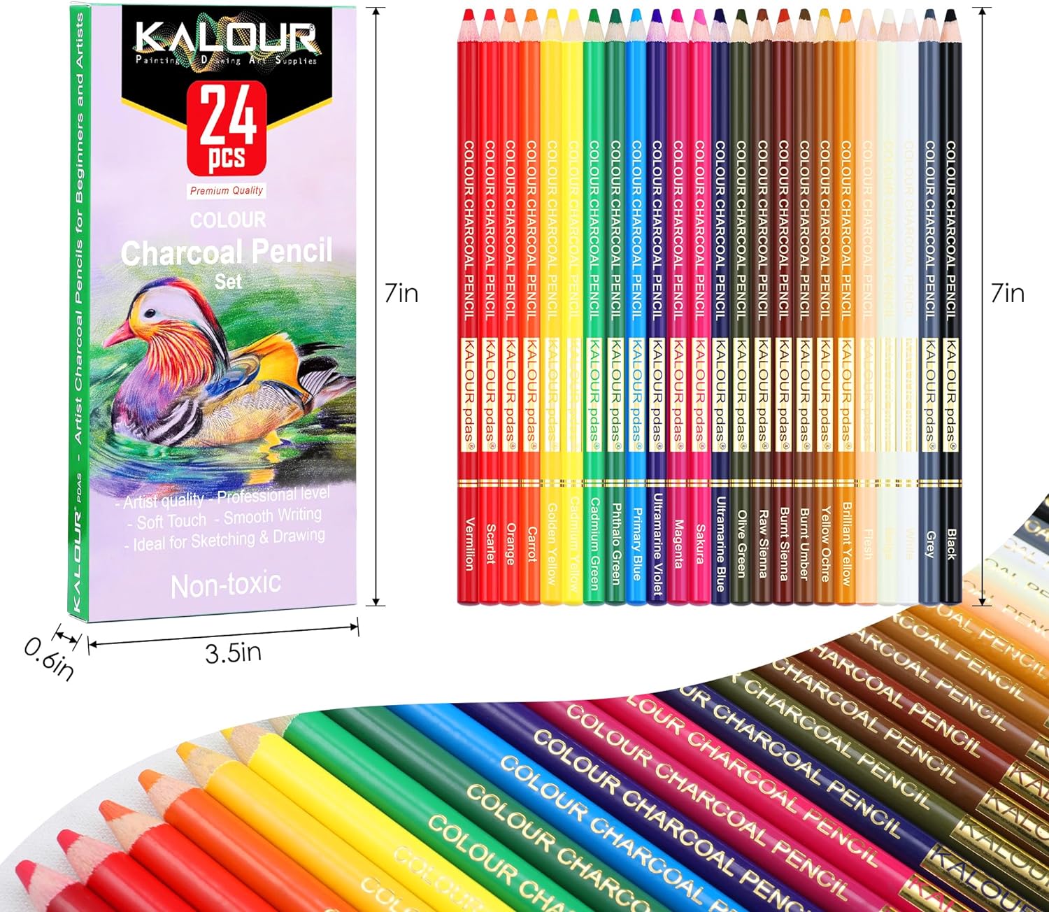 KALOUR 24 Premium Colored Charcoal Pencils Drawing Set