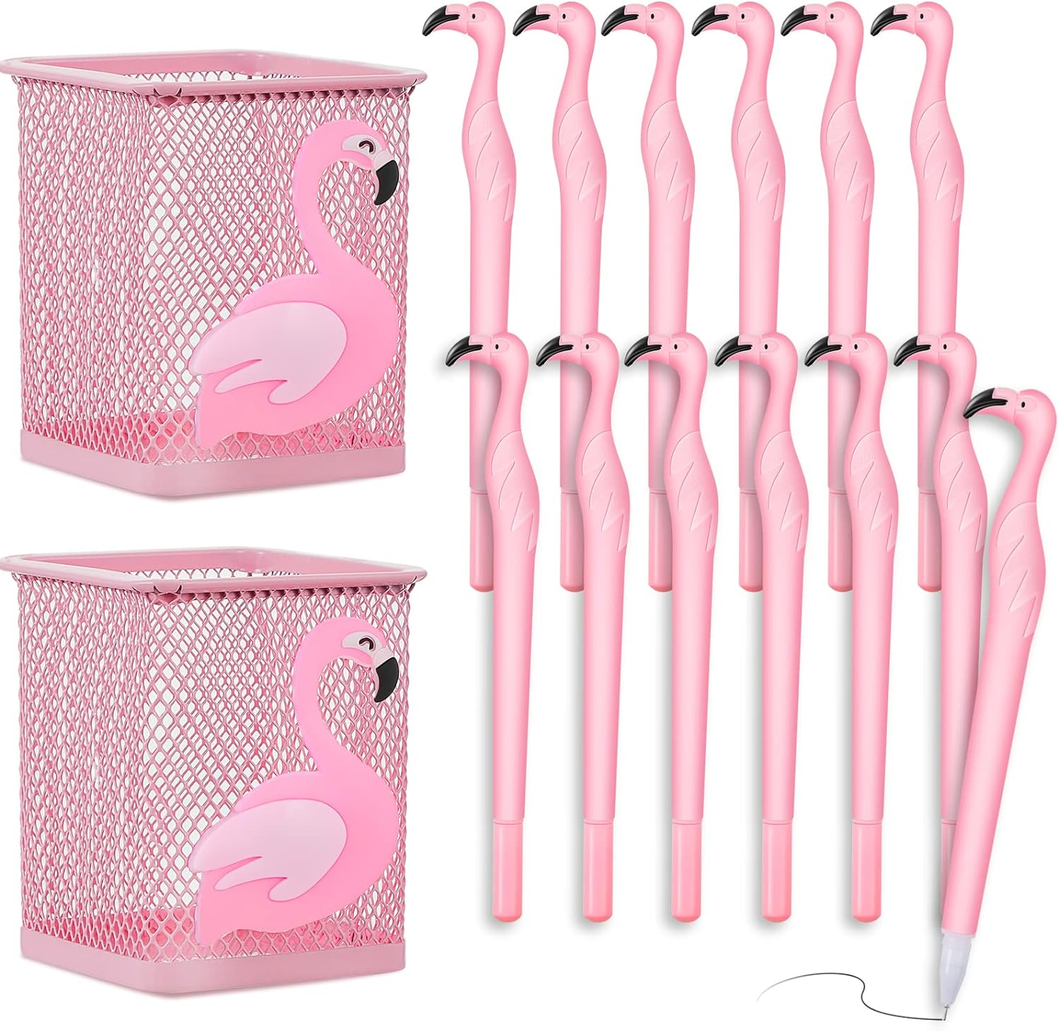14Pcs Metal Flamingo Gel Pens and Pencil Holder Set Pink