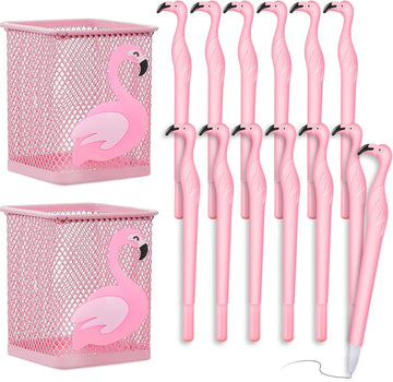 14Pcs Metal Flamingo Gel Pens and Pencil Holder Set Pink