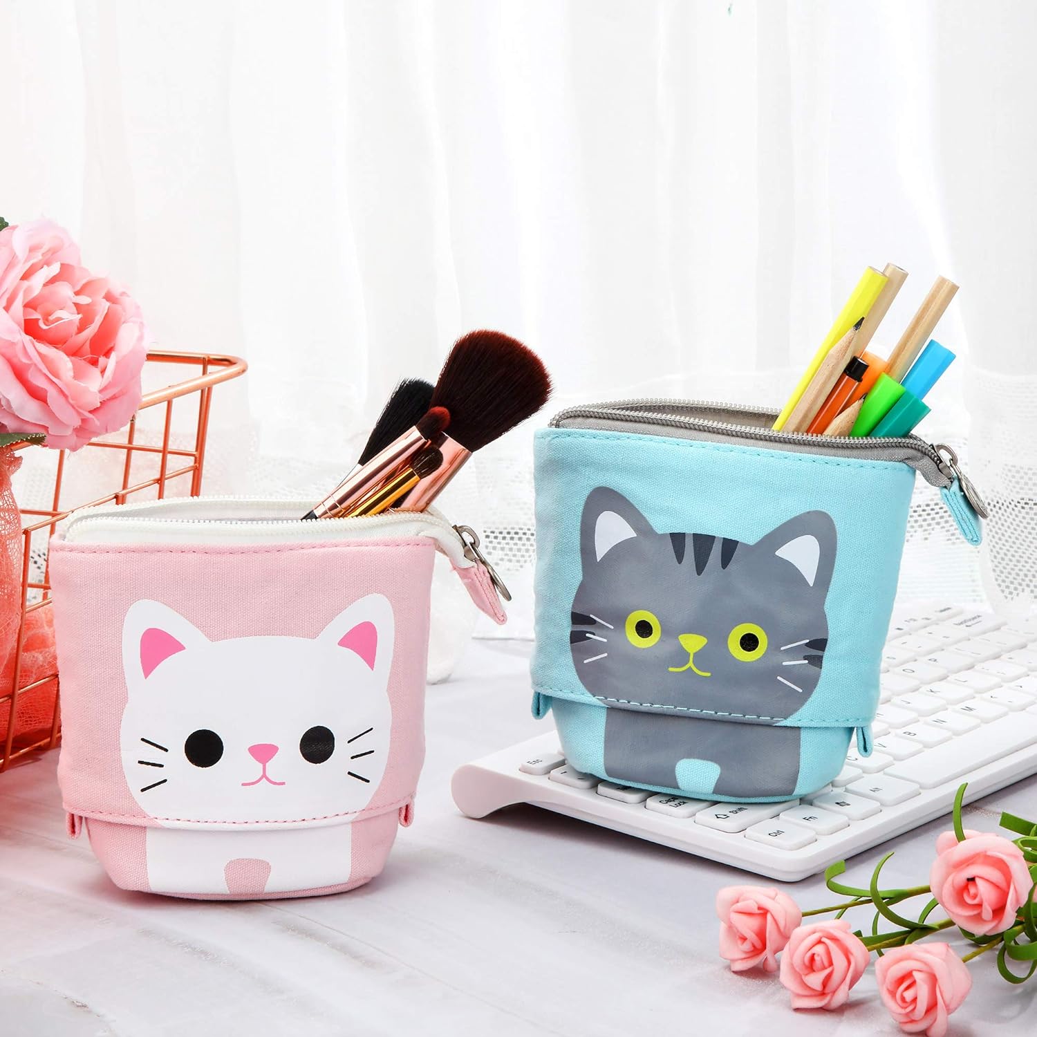 3pcs Telescopic Pencil Holder Canvas PU Cartoon Cute Cat