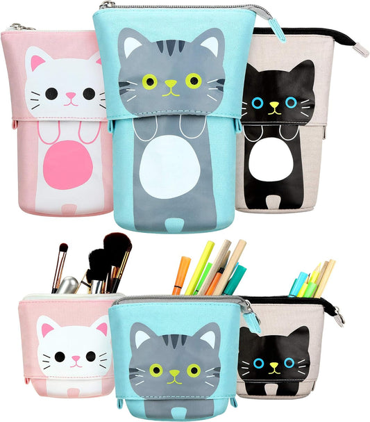 3pcs Telescopic Pencil Holder Canvas PU Cartoon Cute Cat