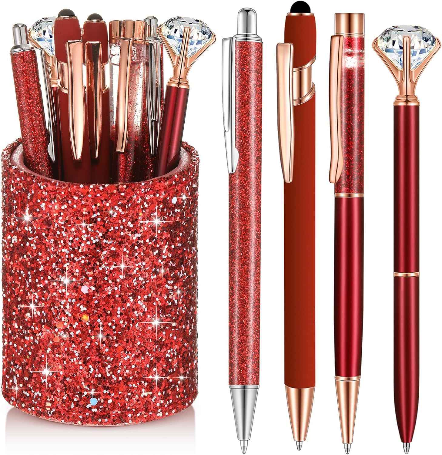 8Pcs Crystal Glitter Ballpoint Pens with Pen Holder for Desk Organizer