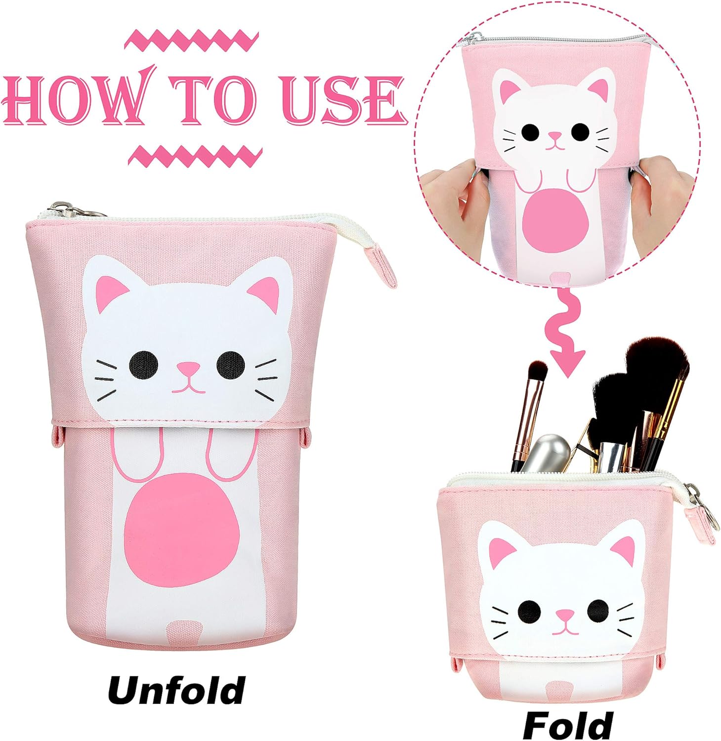 3pcs Telescopic Pencil Holder Canvas PU Cartoon Cute Cat