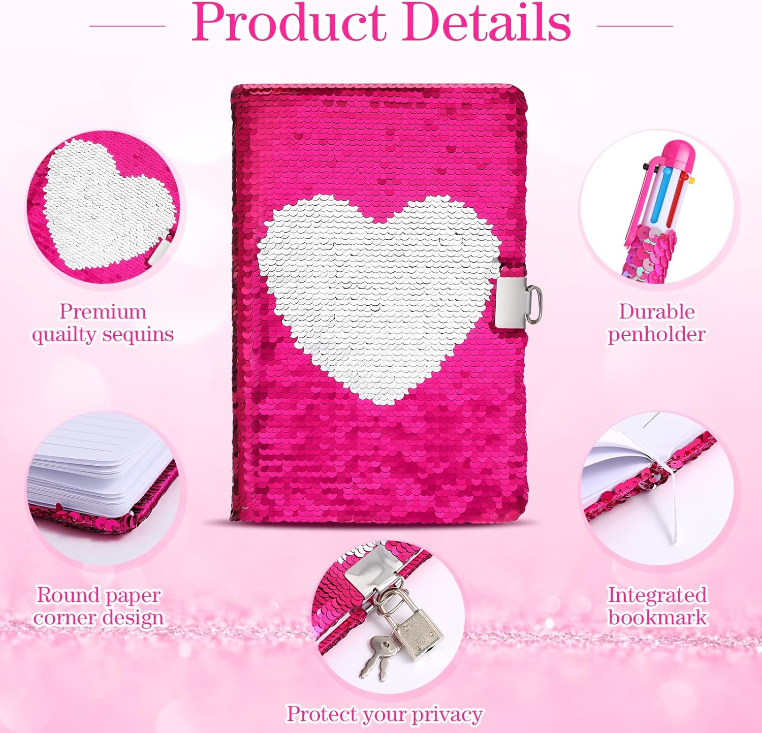 A5 Reversible Sequin Journal with Lock Key 6in1 Retractable Multi-Pen