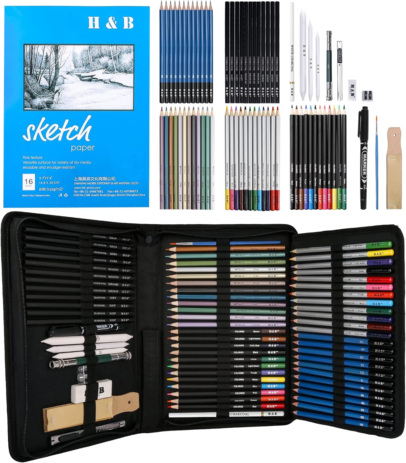 H&B 72PCS Drawing Supplies Sketching Pencil Sketchpad Set