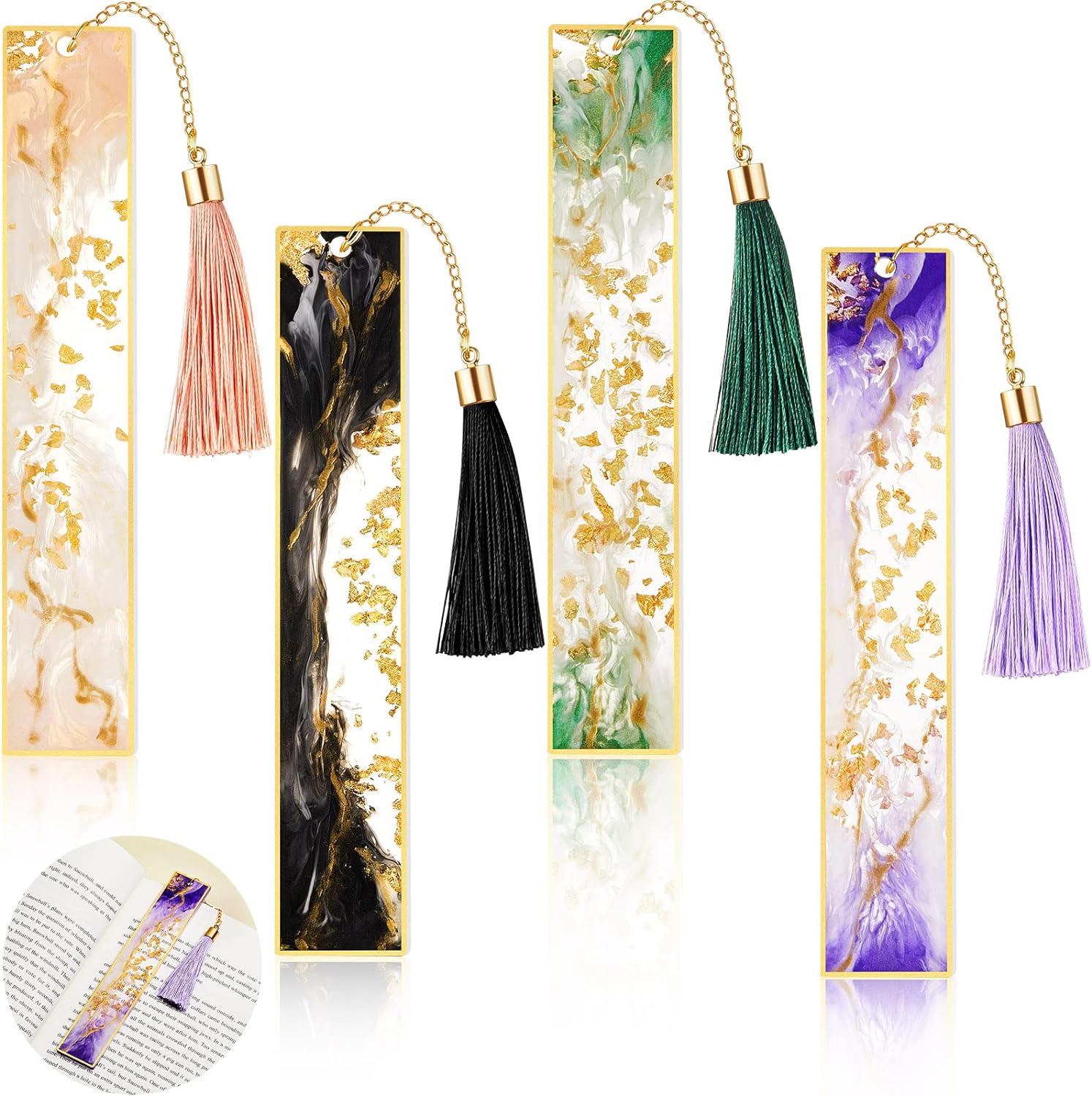 4Pcs Handmade Resin Bookmarks with Tassels