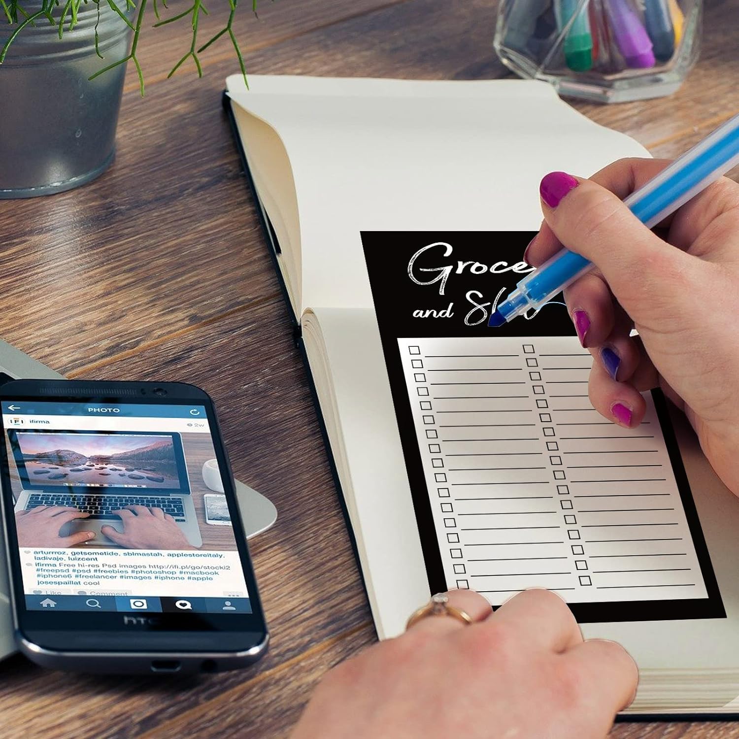 Grocery List Memo Magnet Refrigerator Notepad with 1 Piece Pen Holder