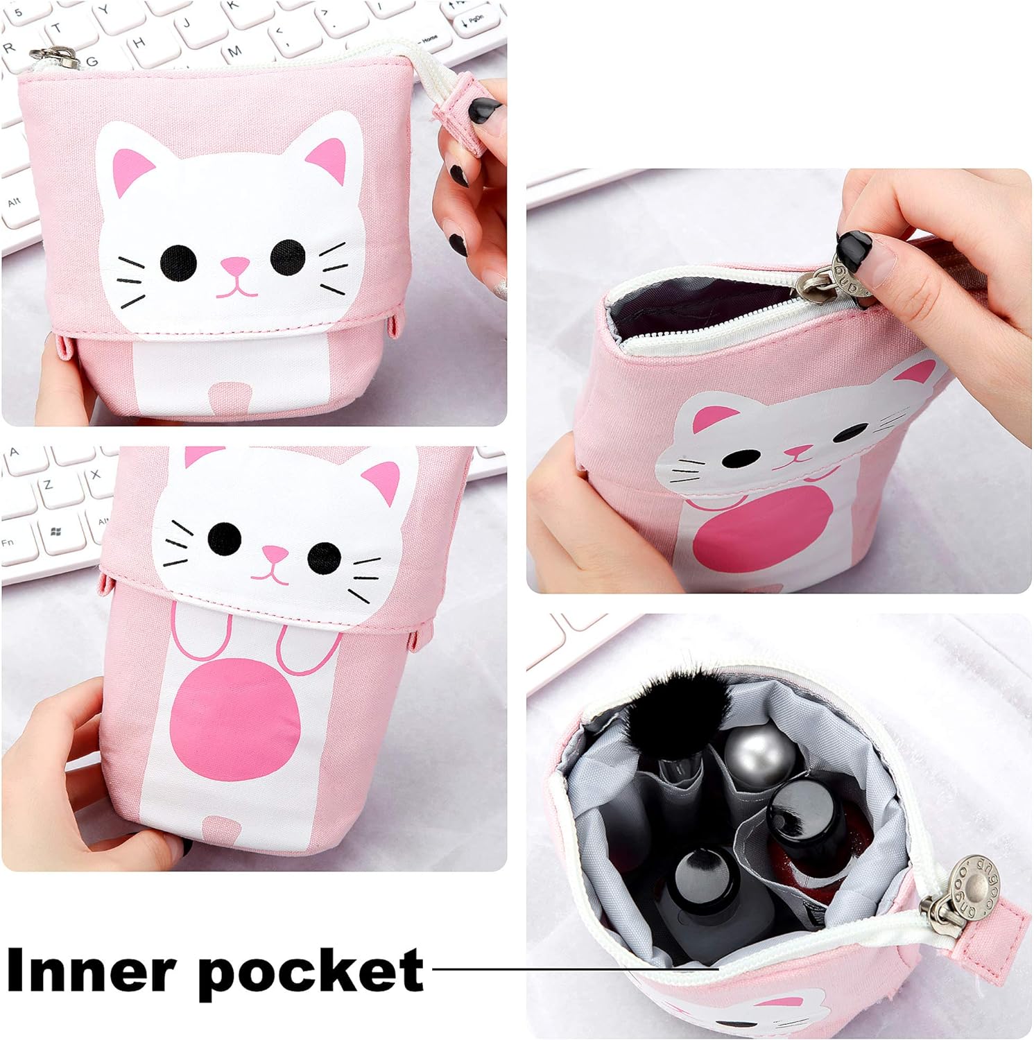 3pcs Telescopic Pencil Holder Canvas PU Cartoon Cute Cat