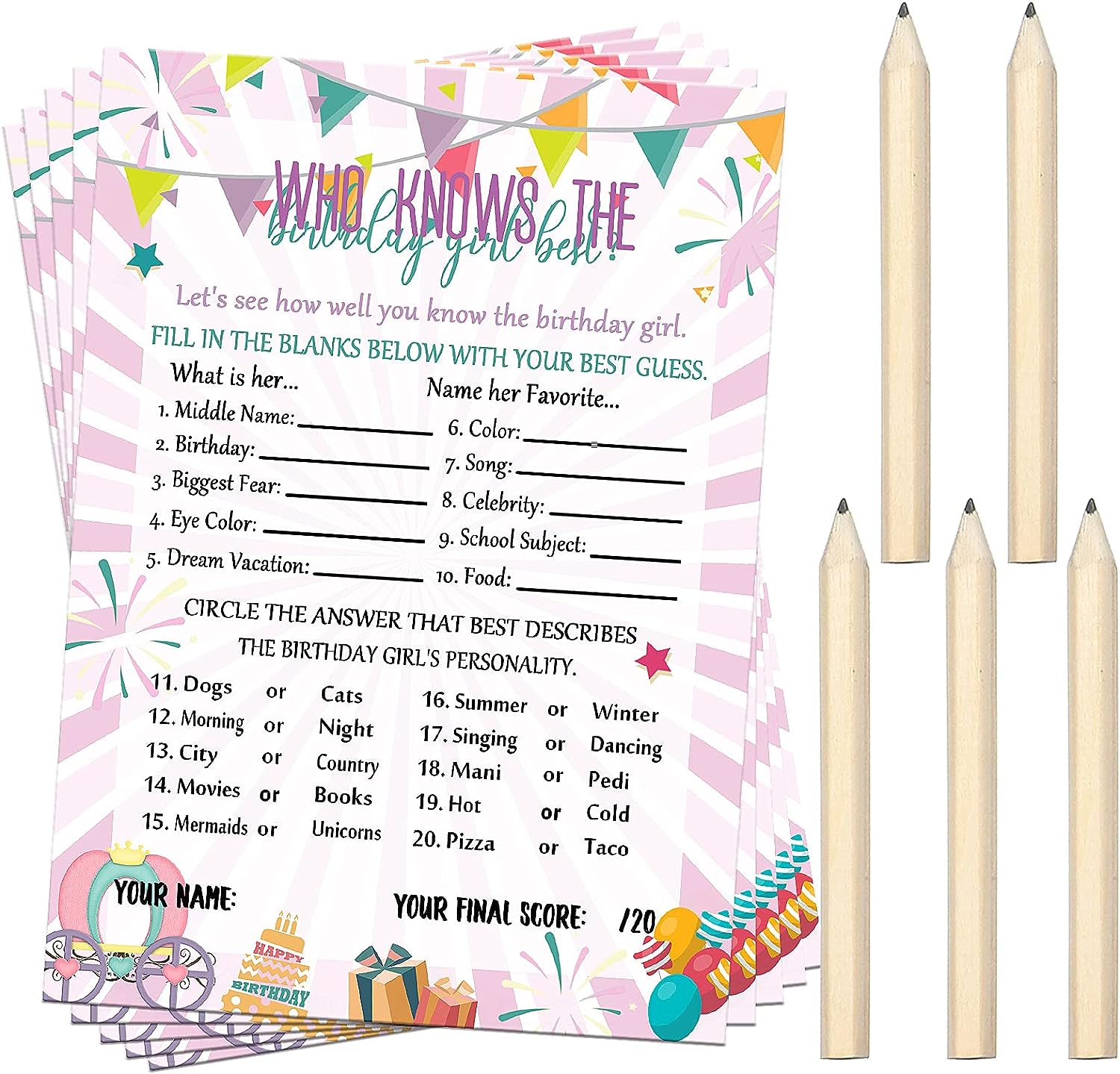50 Pcs Birthday Party Activity Game Card Set with 20 Pcs Wood Pencils
