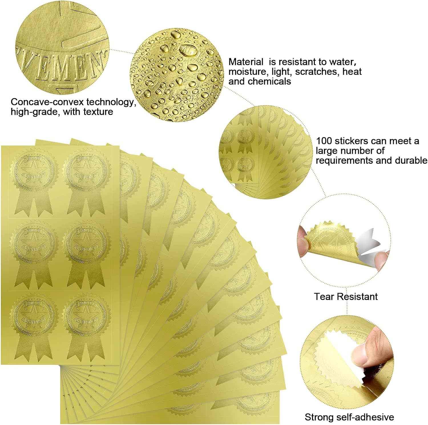200Pcs Ribbon Embossed Seal and Gold Foil Certificate Stickers