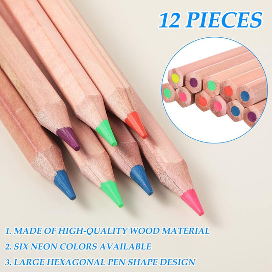 12pcs Neon 6 Color Highlighter Pencils with Wooden Sharpener