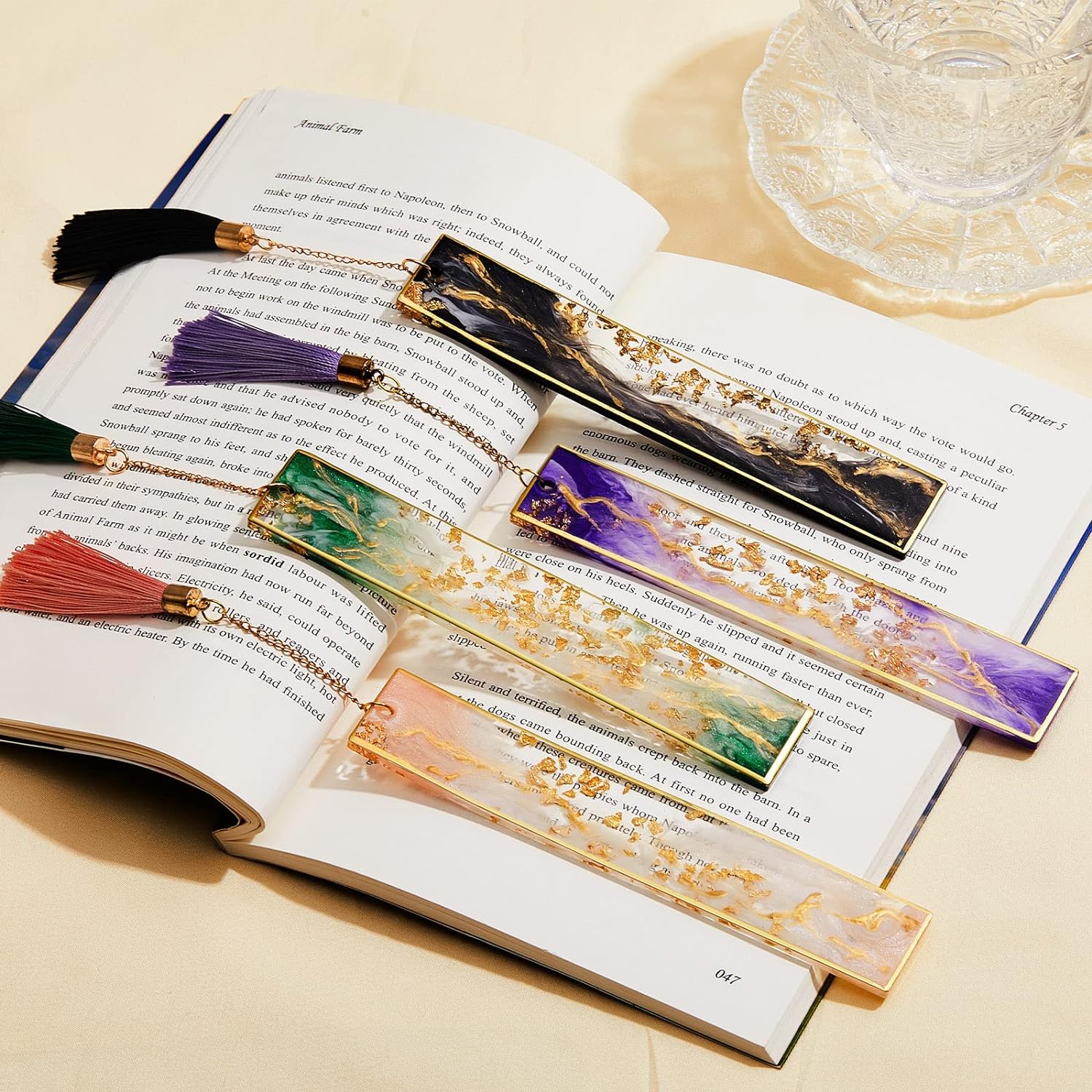 4Pcs Handmade Resin Bookmarks with Tassels