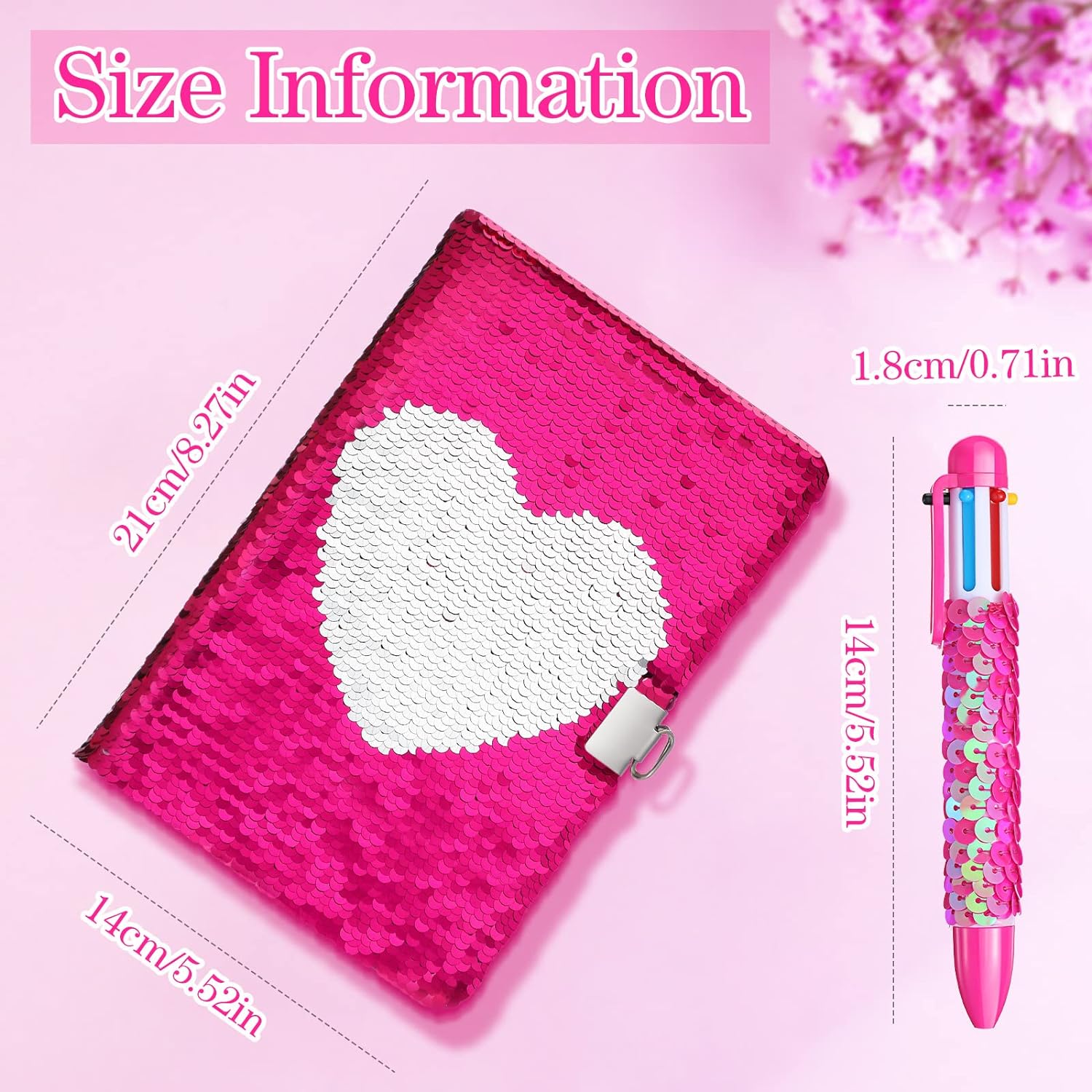 A5 Reversible Sequin Journal with Lock Key 6in1 Retractable Multi-Pen