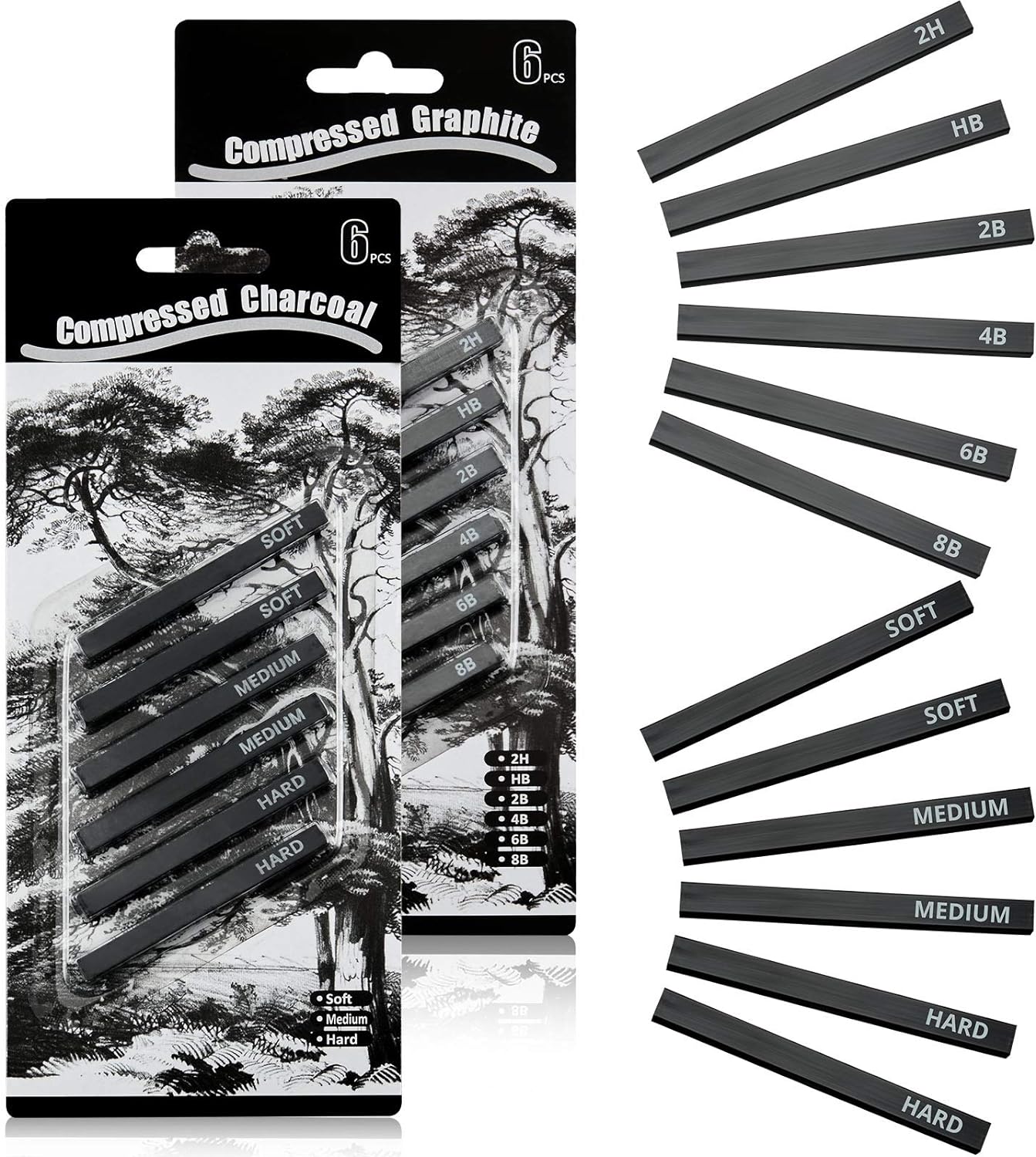 12Pcs Graphite Material Sticks Square Compressed Charcoal Set