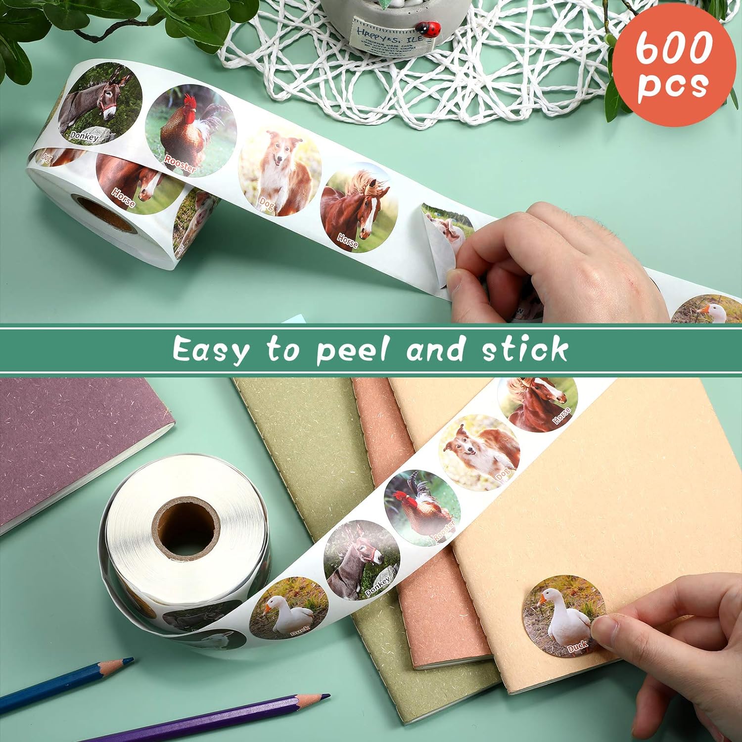 600Pcs Farm Animal Roll Stickers for Kids Classroom Rewards Party Favor,1.5 Inch