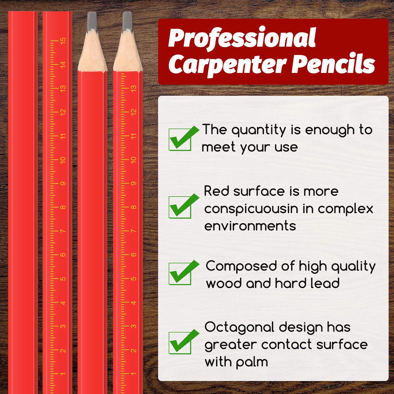 100 Pieces Octagonal Red Hard Black Carpenter Construction Pencils