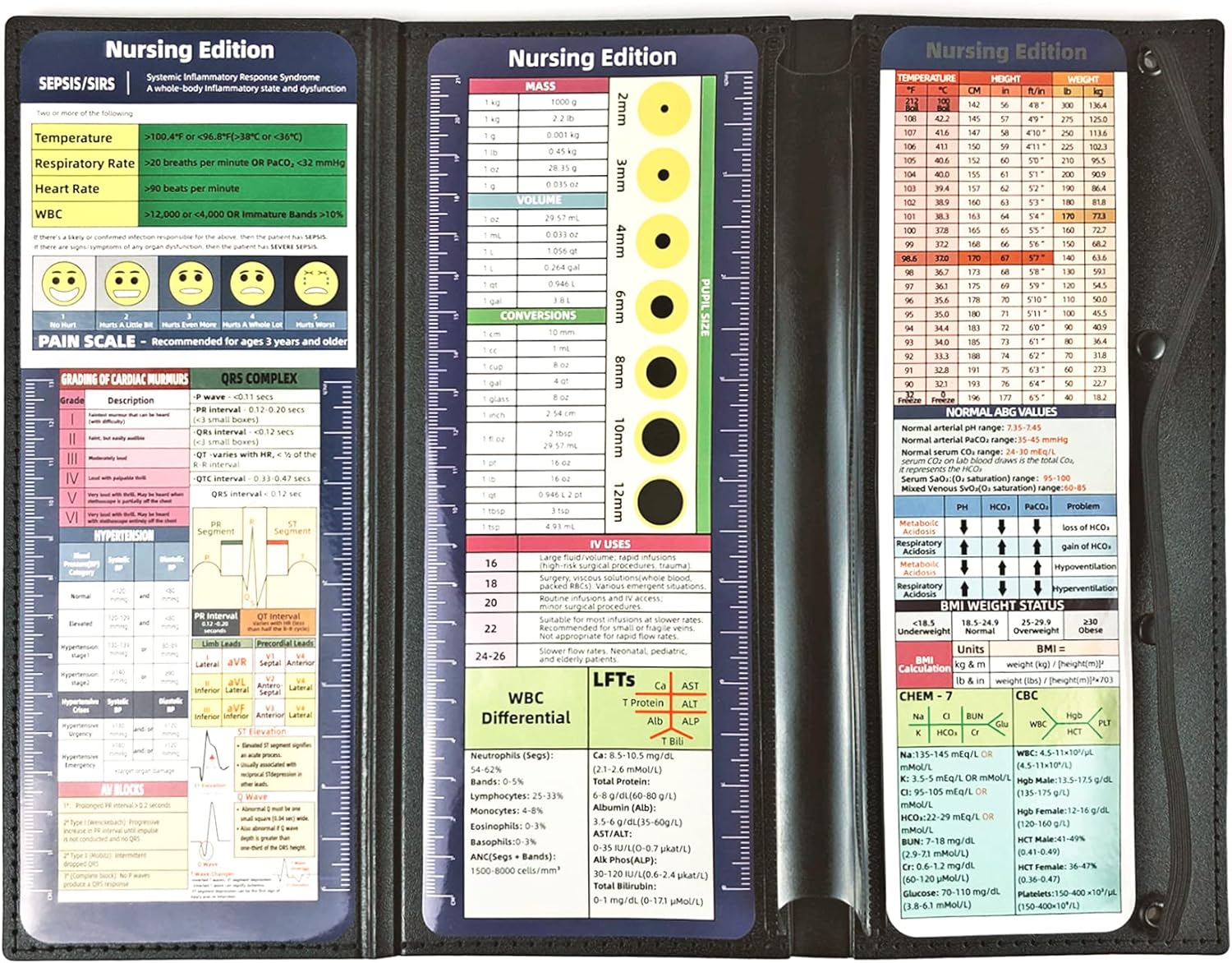 3-Layers Folding Nurse Clipboard with Nursing Edition Cheat Sheets Black