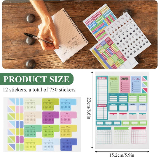 12 Sheets of Planner Stickers with 730Pcs Cute Planner Labels