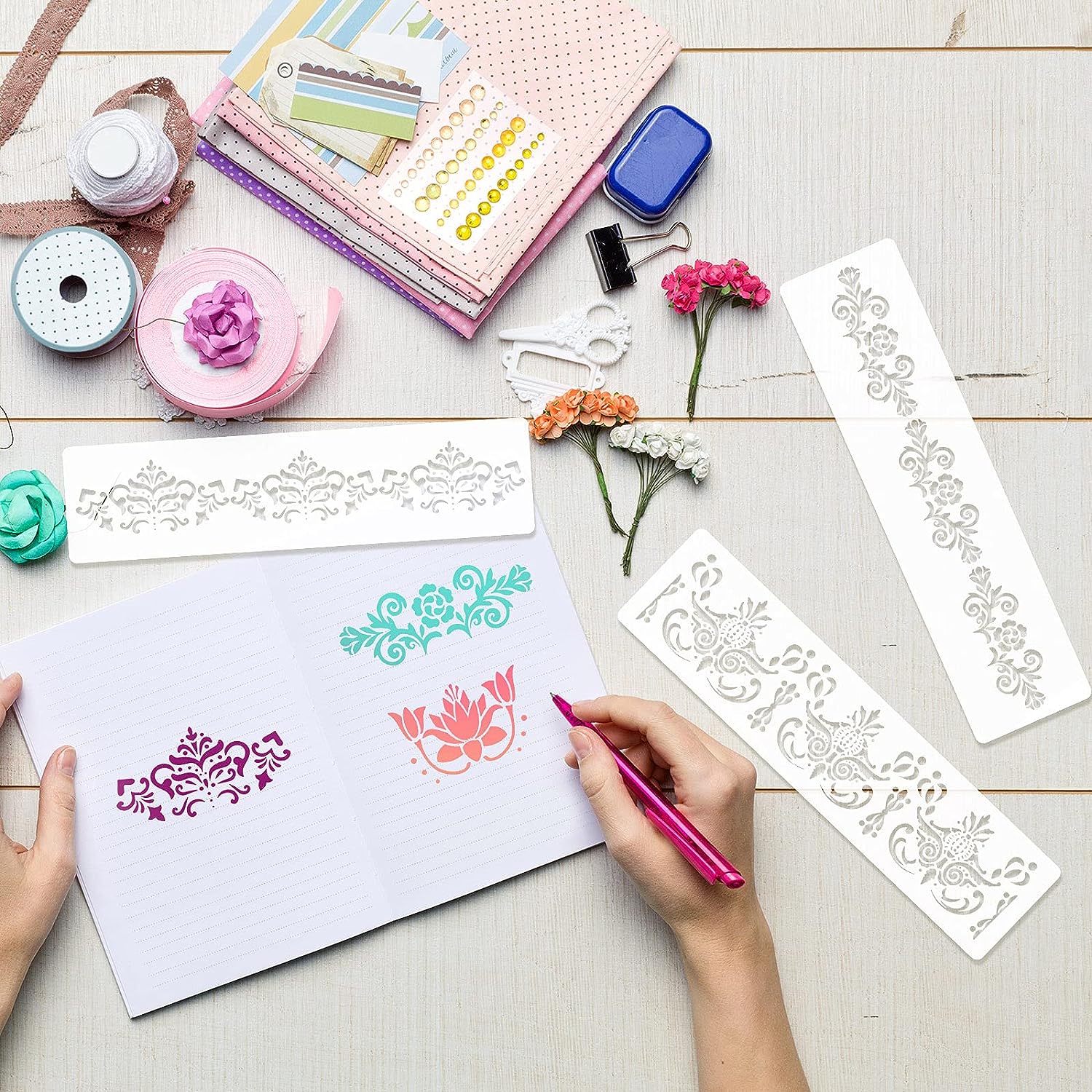 8 Pieces Ornate Border Stencil Flower Template DIY Art and Craft
