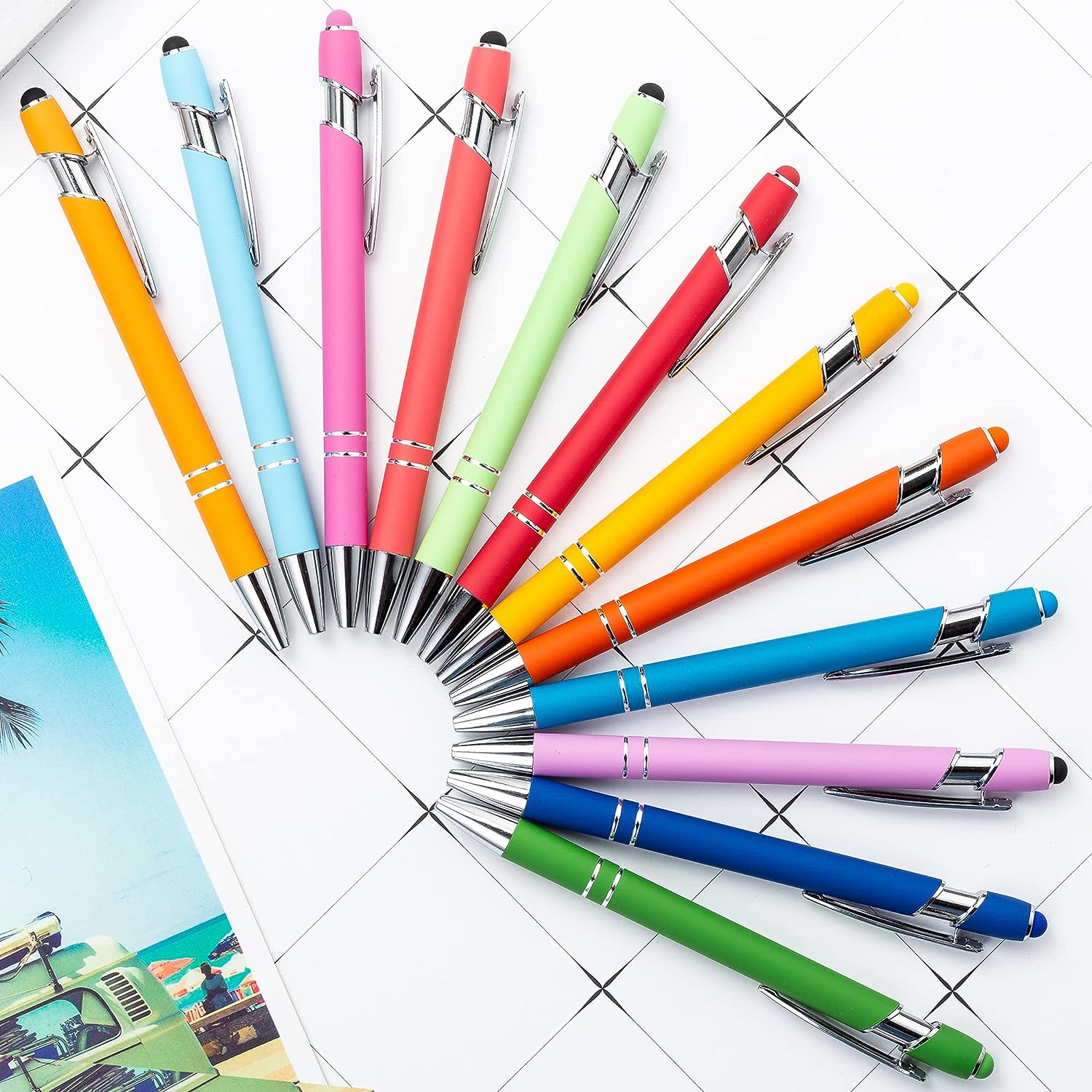 12 Pack Rainbow Rubberized Soft Touch Ballpoint Pen with Stylus Tip