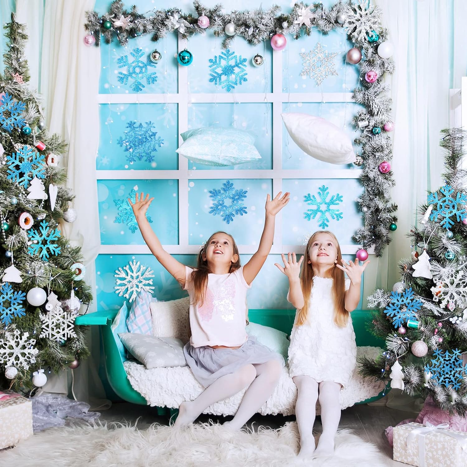 45pcs Winter Christmas Snowflake Paper Cutouts with Glue Point Dots