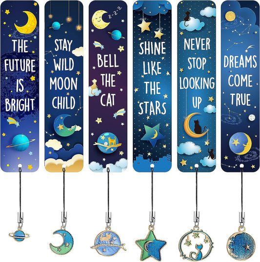 12Pcs Cat Moon Star Space Bookmarks with Metal Charms