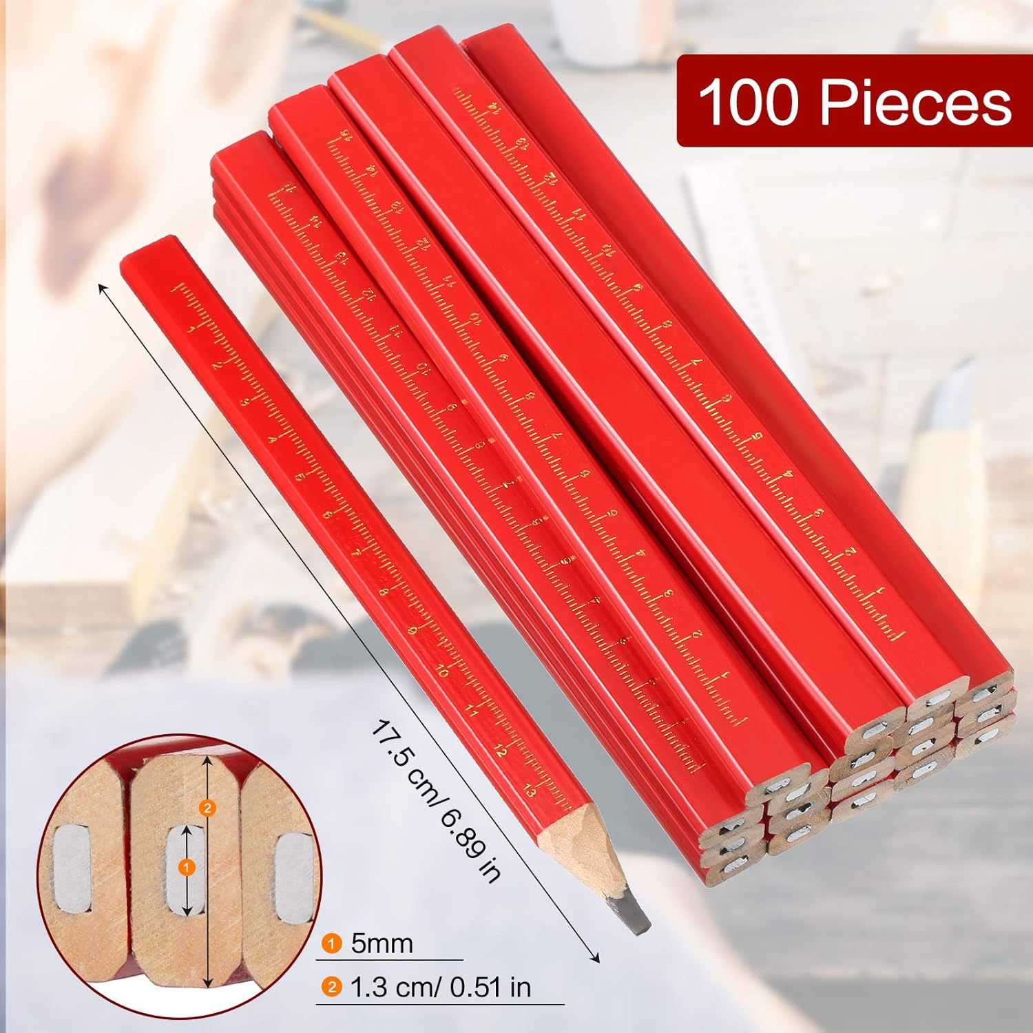 100 Pieces Octagonal Red Hard Black Carpenter Construction Pencils