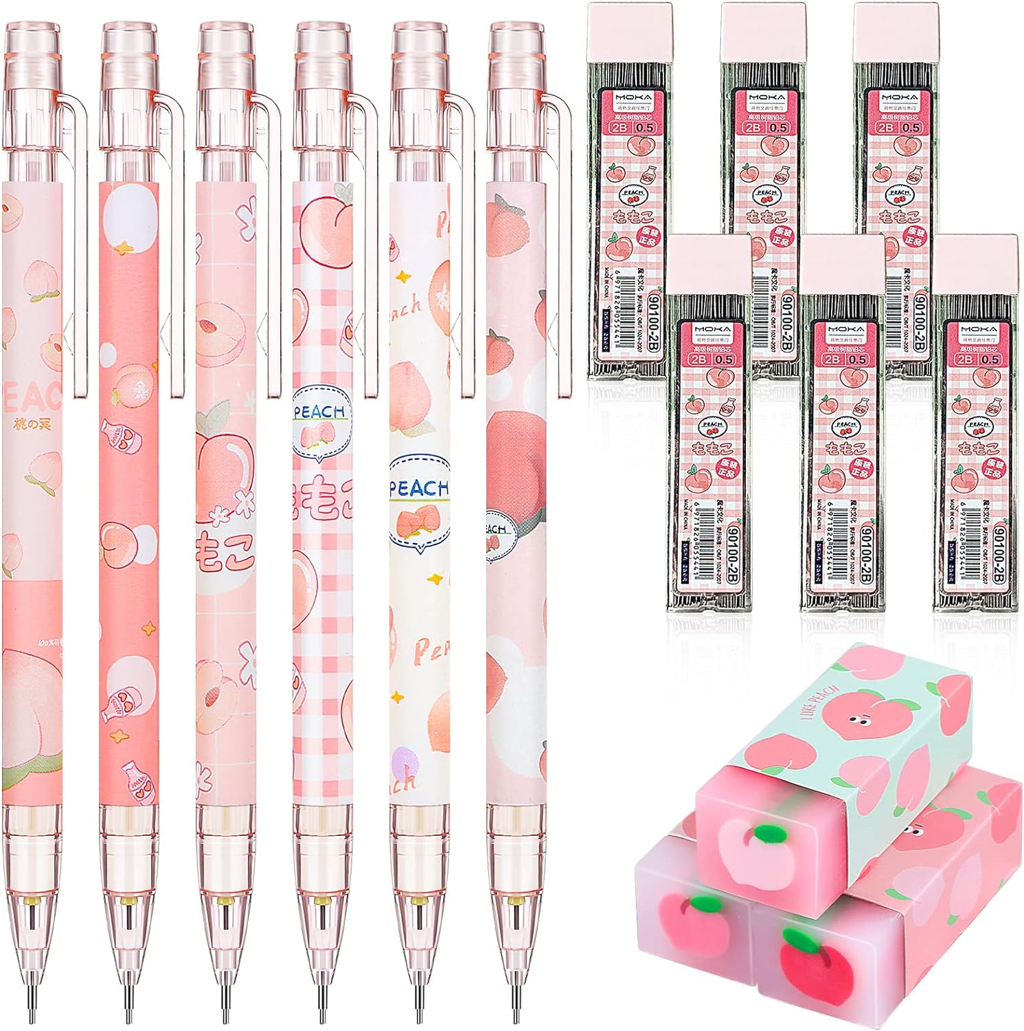 15pcs Peach Mechanical Pencils with 0.5mm Pencil Refills and Erasers