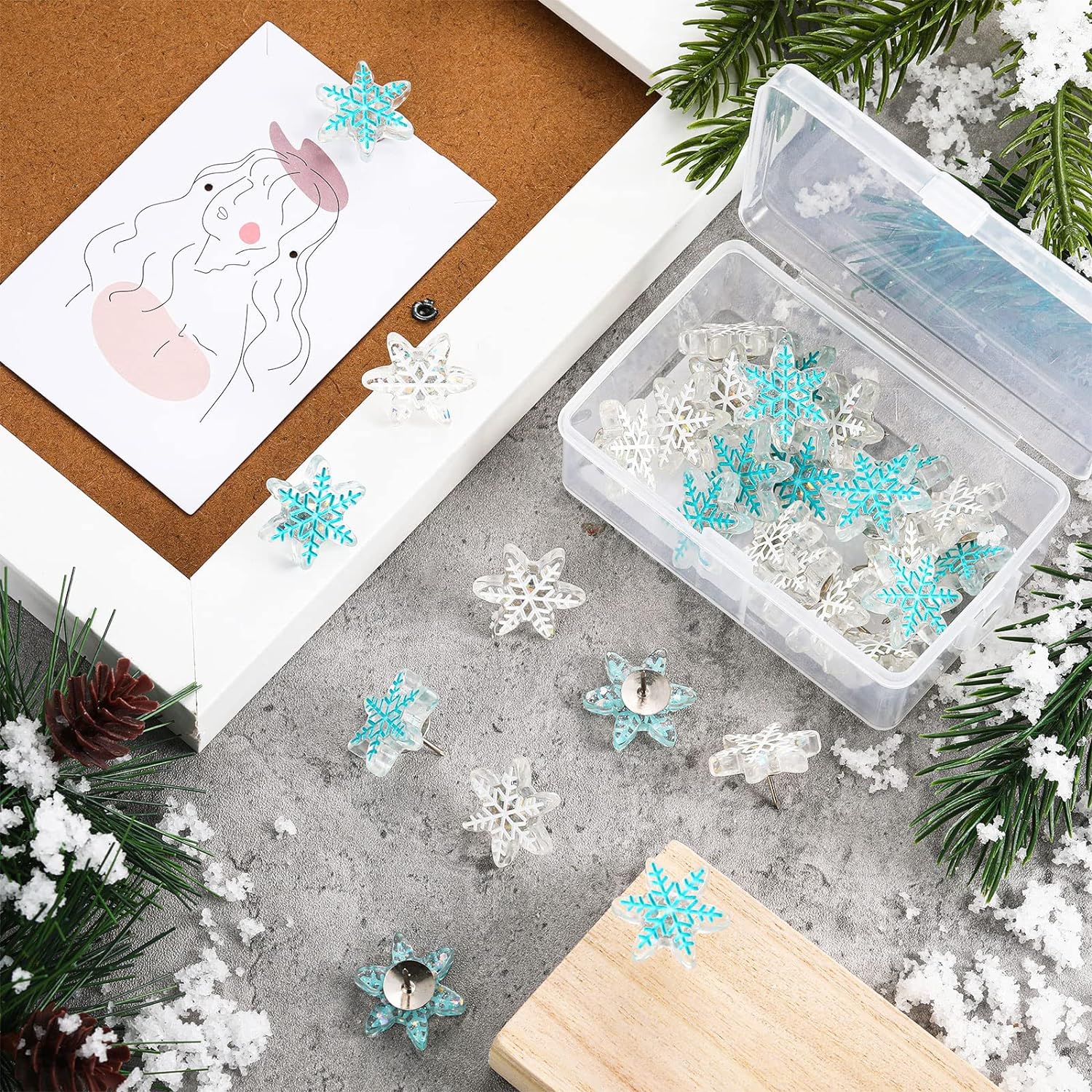 30Pcs Snowflake Push Pins,1 and 0.7 Inch Thumb Tacks for Bulletin Board