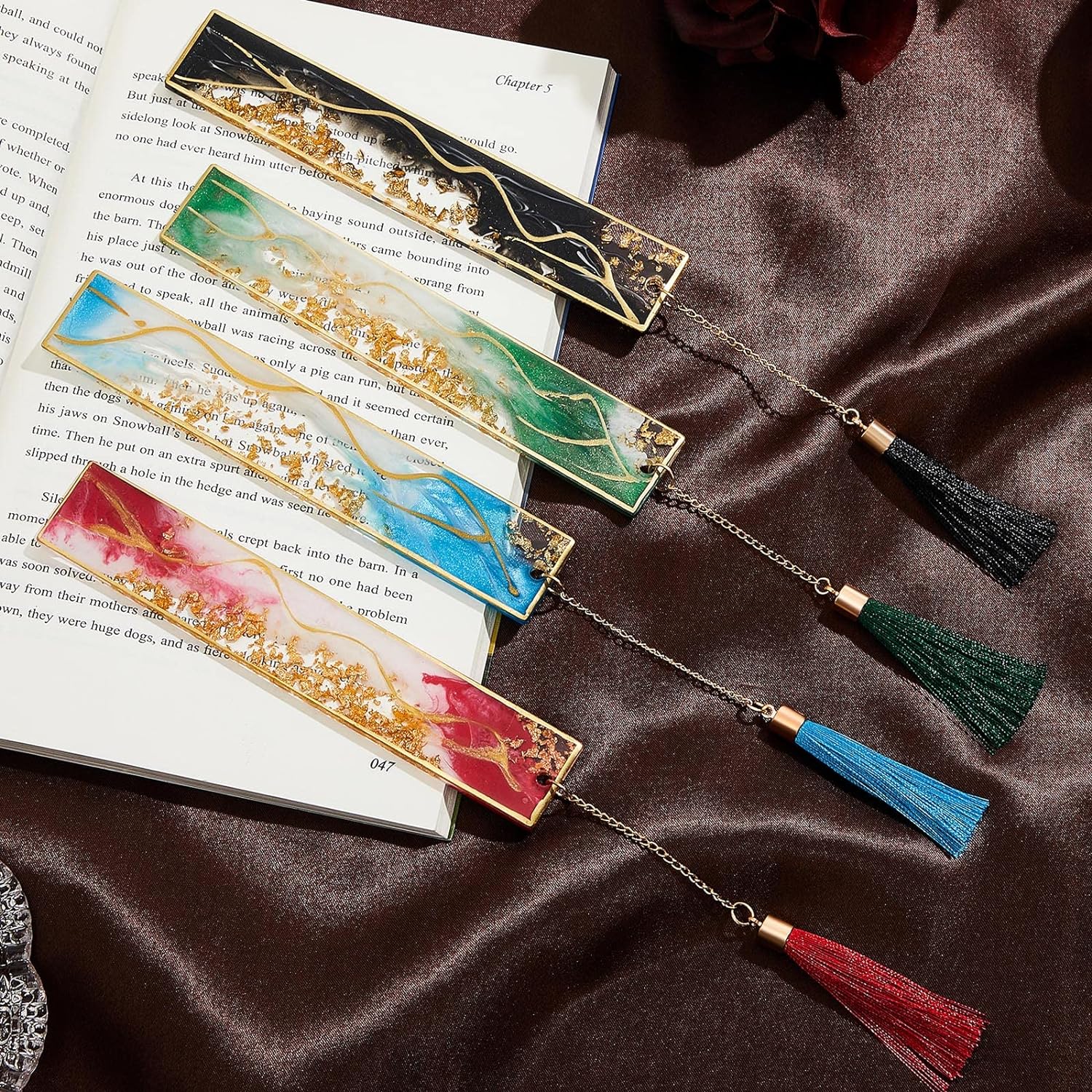 4Pcs Handmade Resin Bookmarks with Tassels